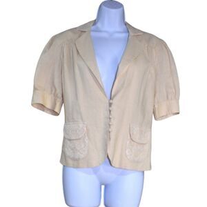 VTG Tracy M Linen Blazer XL Yellow Cream Short Sleeve Jacket Lace Cottagecore